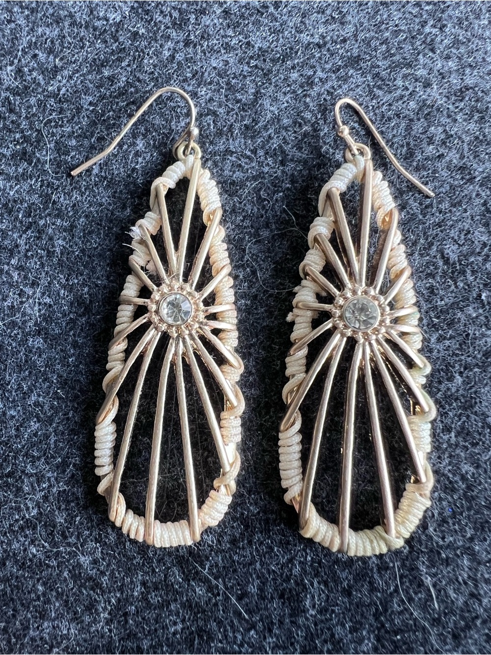 Gold-tone Thread-wrapped Teardrop Sunburst Earrings with Crystal